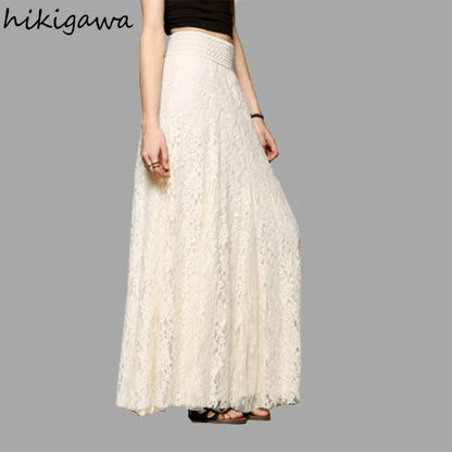 🍒Lace crochet skirts women clothes high waist solid colour skirt hollow out a-line long Skirt smart casual clothes maxi fashion skirt Maxi-mum Impact No Effort