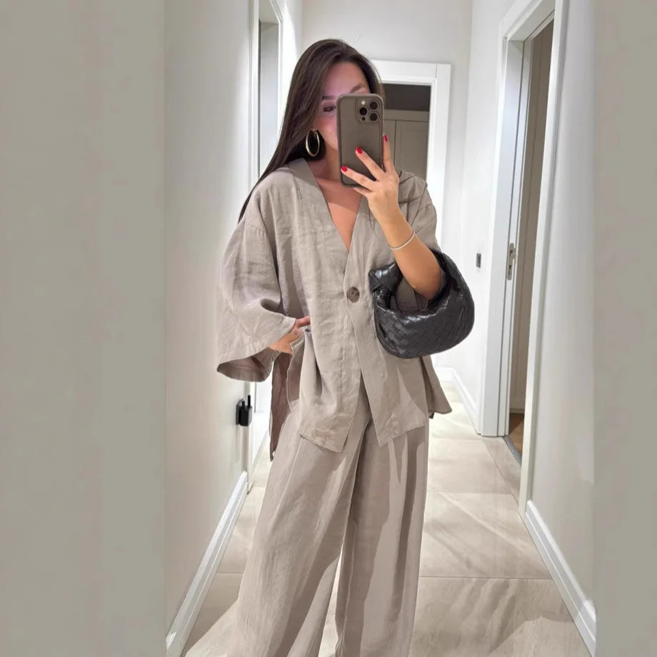 🍒Casual trouser suit for women elegant long sleeve outfit single colour wide leg pants and jacket   set spring summer fashion loose two-piece Partying Pjs