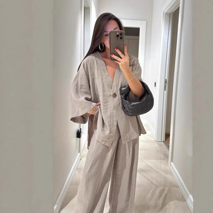 🍒Casual trouser suit for women elegant long sleeve outfit single colour wide leg pants and jacket   set spring summer fashion loose two-piece Partying Pjs