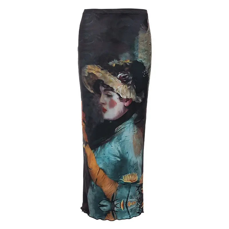 🍒High waisted mesh skirt gauze and matching print top fashion wear for women slim fit bodycon feminine clothing smart casual wear women streetwear female oil painting long sleeve tee and ruffle edge long skirt set Face The Day With Cool clothes