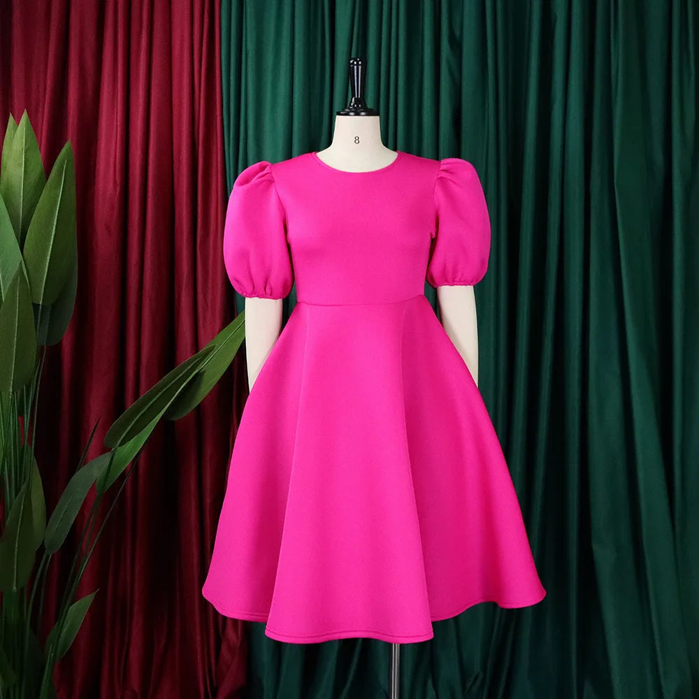 🍒Elegant dresses for woman o neck short sleeve outfit for birthday party high waisted pleated puff sleeves female fashion wear occasion wear evening party wear mid calf luxury B'day Bopper Beauty Babe