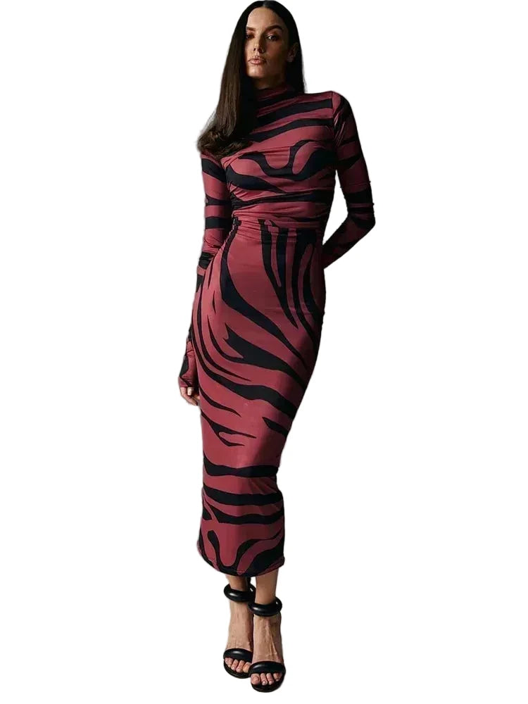 🍒Red striped long dress womens bodycon turtle neck zebra print mesh outfit clubwear party occasion wear clothing                       Catwalk Your Tiger