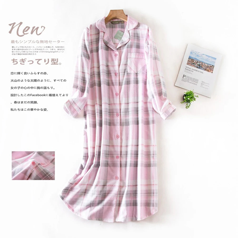 🍒pyjama nightie autumn and winter nightwear for women cotton flannel sleep shirt long sleeve nightshirt button down sleepdress No Flannel Flannel