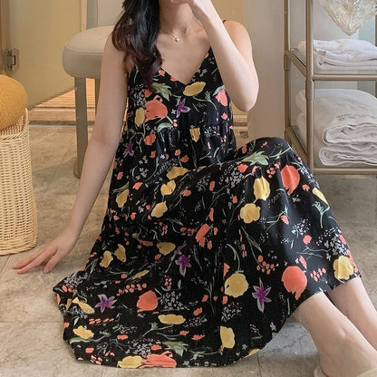 🍒Sleeveless night dress for Women breathable viscose cotton camisole nightie floral  night dress loungewear summer wear holidaywear nightwear Fresh Florals