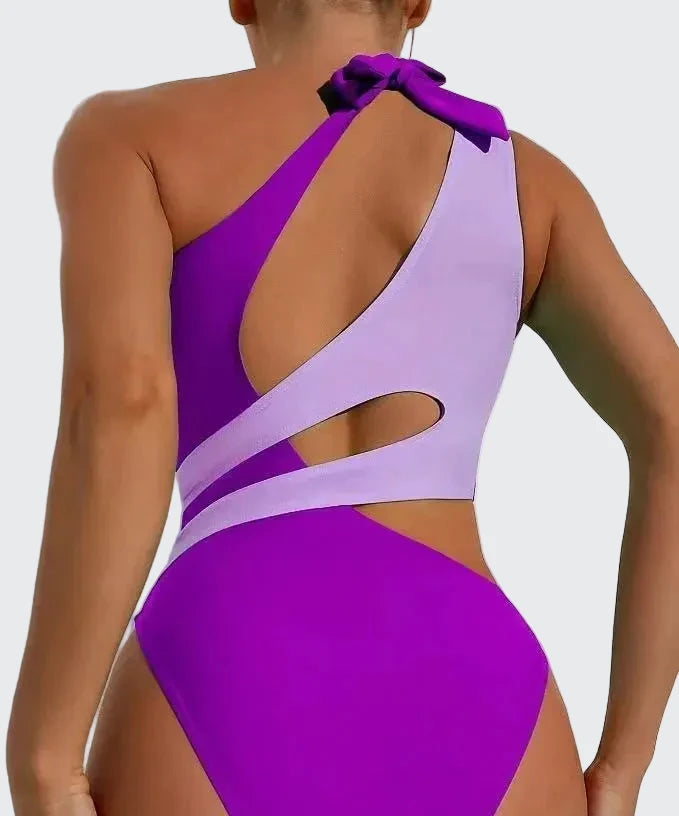 🍒One-piece swimsuit colour block collision single shoulder bathing suit strap design high eastic backless swimwear type european style swimming costume with tie straps  SHOREly CHIC