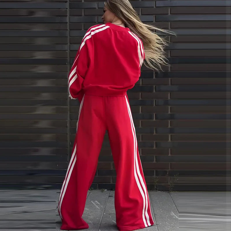 🍒Women two piece pant sets stripe sleeve sweatshirt loose v-neck top and wide stripe leg trousers sporty crop top tracksuit summer autumn wide leg pants with drawstring waist Sport A cheerful Cherri