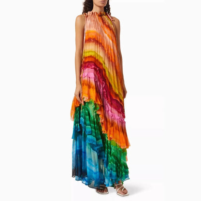 🍒Chiffon neck tie dress womens spring summer outfit printed sleeveless maxi dress colourful print party wear loose dresses for occasions Multiply Multi colour