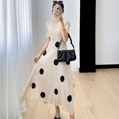 🍒Womens pleated dress summer smart casual ladies' high waist outfit with polka dots irregular fashion loose waist dress Dainty Dressy Dots