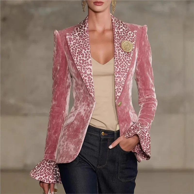 🍒Luxury velvet blazer womens single breasted feminine jacket female blazer Jacket slim fit office animal print accent officewear party occasion outerwear PILE PINK in your wardrobe