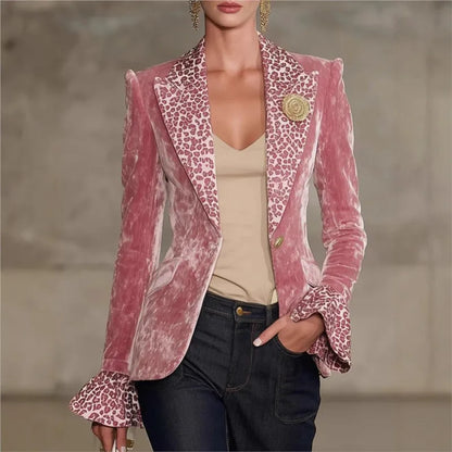 🍒Luxury velvet blazer womens single breasted feminine jacket female blazer Jacket slim fit office animal print accent officewear party occasion outerwear PILE PINK in your wardrobe