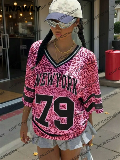 🍒Leopard print tops for women new york 79 print t-shirt summer short sleeve t-shirt v-neck mesh jersey top sport football style Y2K female clothing