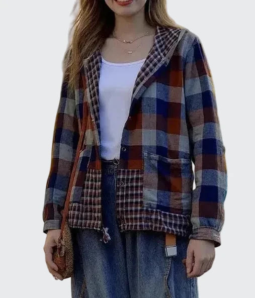 🍒Plaid pocket hood jacket top shirts check blouses spring summer fashion casual wear women check clothing outdoor style cheeky chic check
