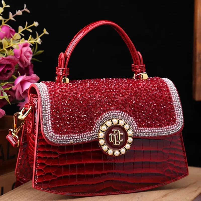 🍒Luxury designer alligator handbag women high end bag trendy shoulder bag diamond studded crossbody Pick Up A Pretty Pearl