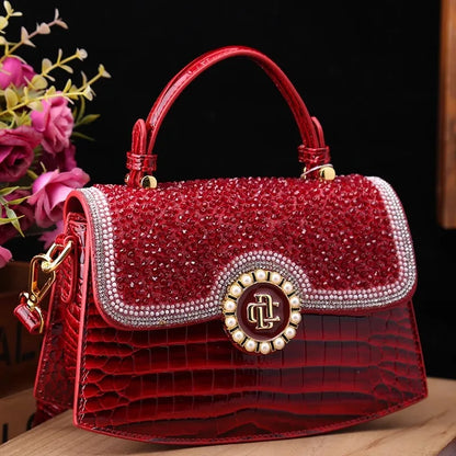 🍒Luxury designer alligator handbag women high end bag trendy shoulder bag diamond studded crossbody Pick Up A Pretty Pearl