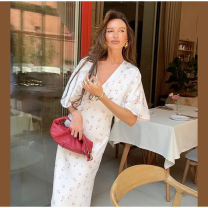 🍒Summer printed v-neck dress  with flower print womens fashion slim fit waist short butterfly sleeve long summer outfit with short sleeves high waist office wear cute comfy casu classy