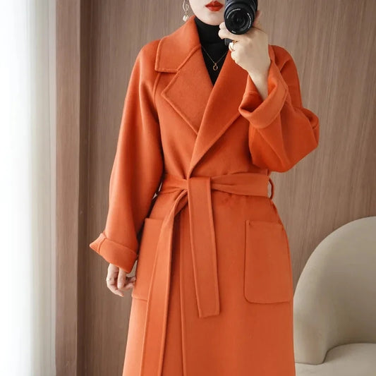 🍒100% wool coat for women autumn/winter fashion double sided cashmere coat with belt elegant long overcoat smart casual outerwear Warmup In Wool