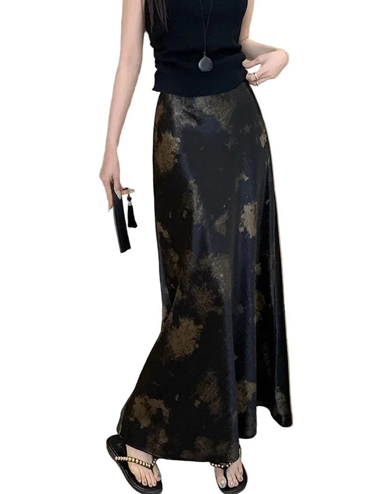 🍒Elastic satin skirt with high waist slimming mid-length floral print high-end feel fish tail skirt shiny for women Slip On A Silky Slippy