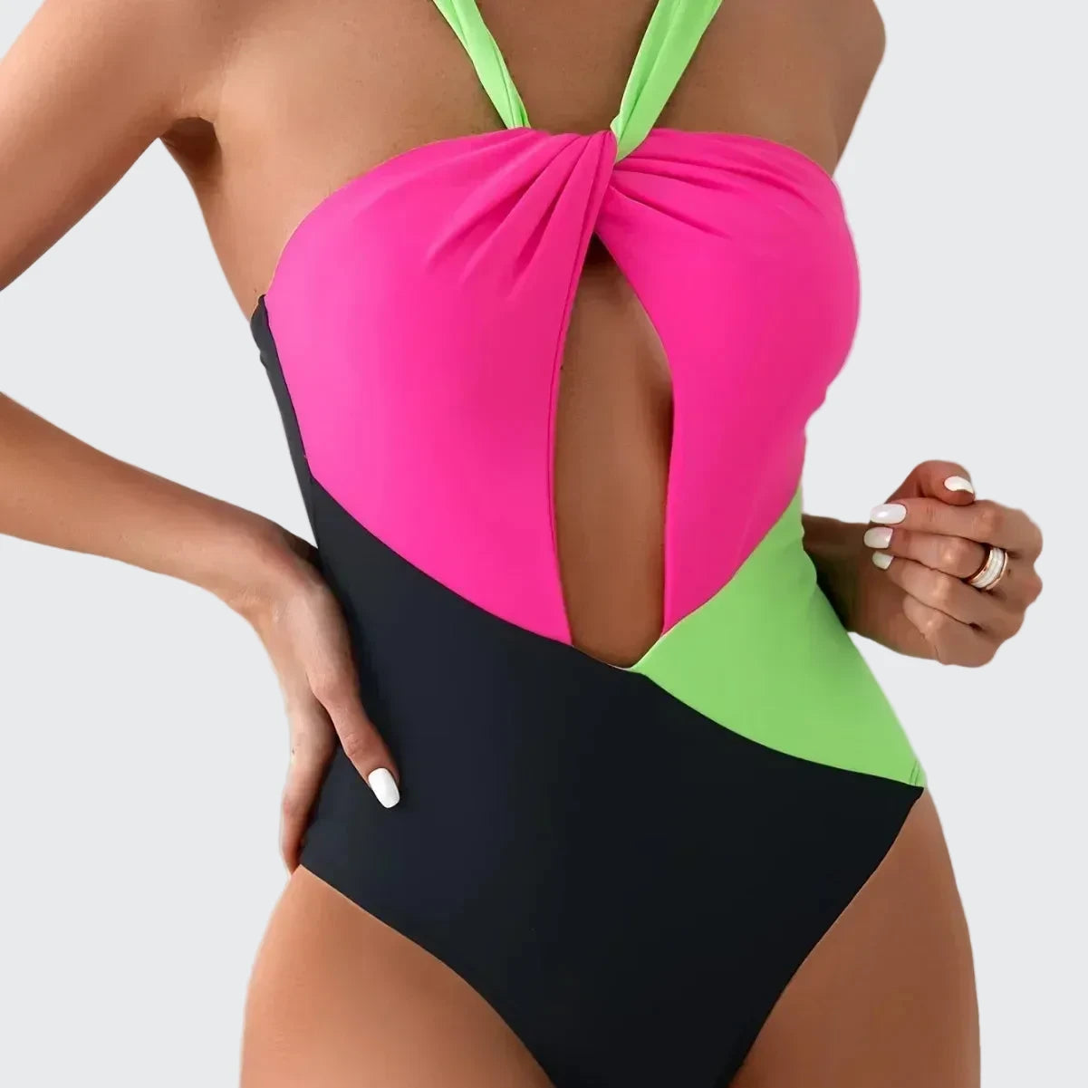 🍒Fashion swim suit one-piece pool part bathing suit women's Backless swimwear hollow cross-colour swimsuit          Tri Colour Stunner