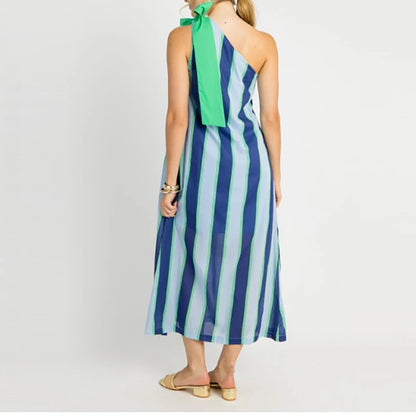🍒Irregular straight casual women's long dress vacation sleeveless loose dresses bow tie Up striped summer dress Swipe A Stripe