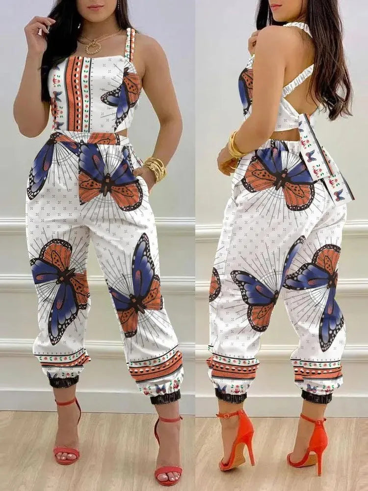 🍒Summer printed jumpsuit backless with straps fashion sleeveless one piece casual wear womens romper outfit with bows pocket trousers Overall Colourful Cool