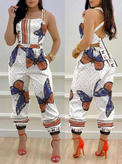 🍒Summer printed jumpsuit backless with straps fashion sleeveless one piece casual wear womens romper outfit with bows pocket trousers Overall Colourful Cool