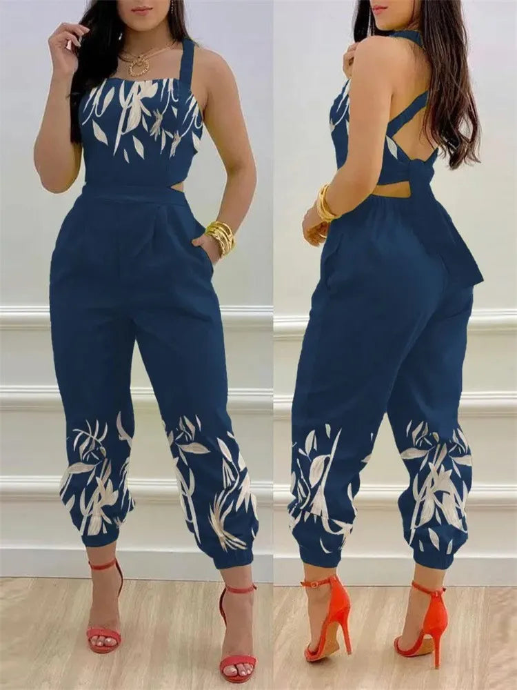 🍒Summer printed jumpsuit backless with straps fashion sleeveless one piece casual wear womens romper outfit with bows pocket trousers Overall Colourful Cool