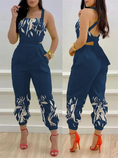 🍒Summer printed jumpsuit backless with straps fashion sleeveless one piece casual wear womens romper outfit with bows pocket trousers Overall Colourful Cool