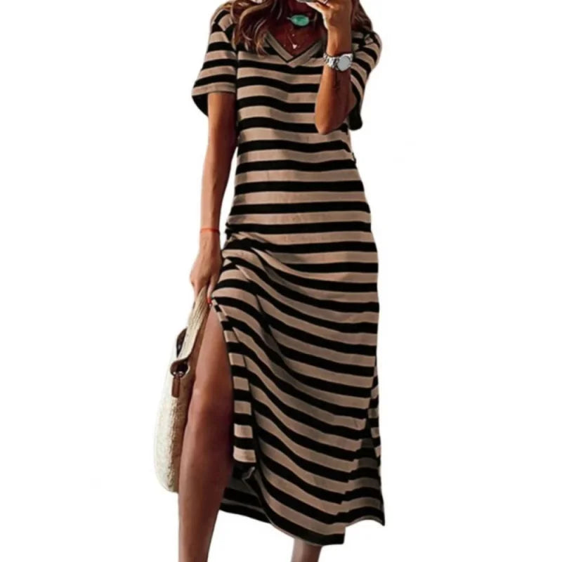 🍒Women's v-neck long dress stripes print fashion dailywear outdoor loose short sleeve dresse spring summer casual wear Like A Stripe