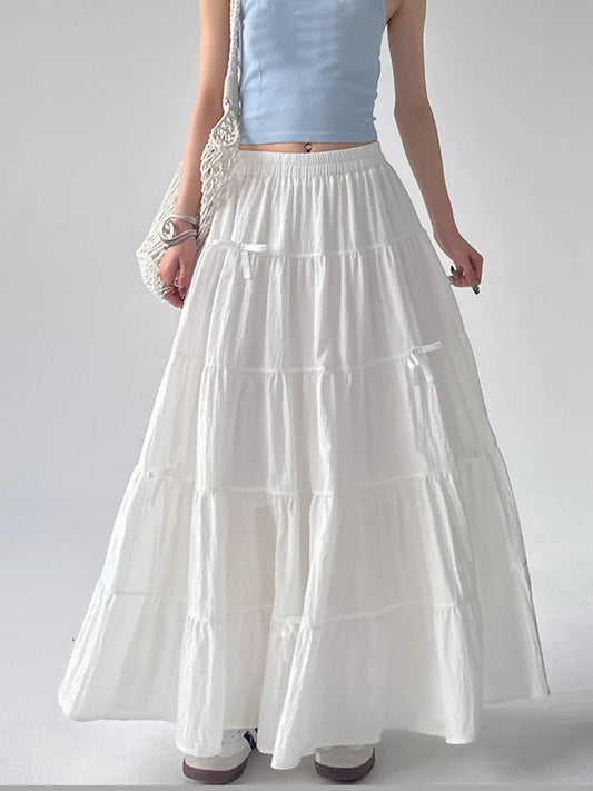 🍒Bow skirts high waist a-line women summer wear vintage loose feminine fashion wears preppy style white chic long skirt