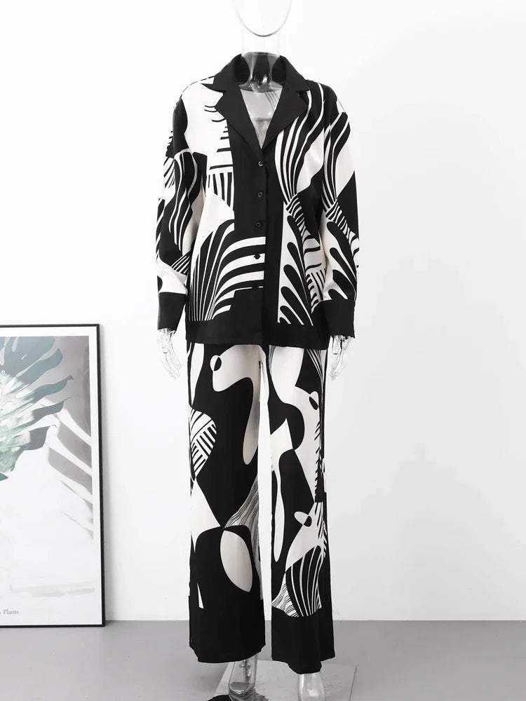 🍒Print shirt womens 2 piece sets loose long sleeve shirt and wide leg pants female suit Summer smart casual outfits ladiy Fashion occasion party wear occasion evening wear