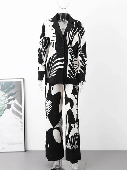 🍒Print shirt womens 2 piece sets loose long sleeve shirt and wide leg pants female suit Summer smart casual outfits ladiy Fashion occasion party wear occasion evening wear