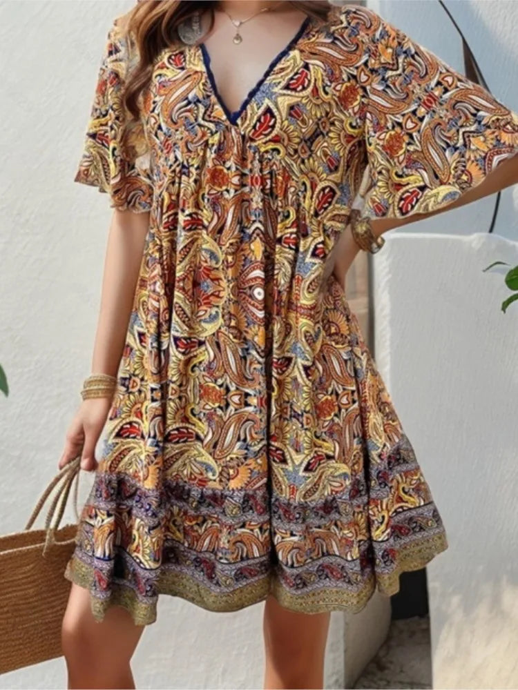 🍒Summer boho floral dress printed outfit for women fashion outfit v-neck short sleeve holiday wear casual loose clothing beach wear Boho Beau Boo