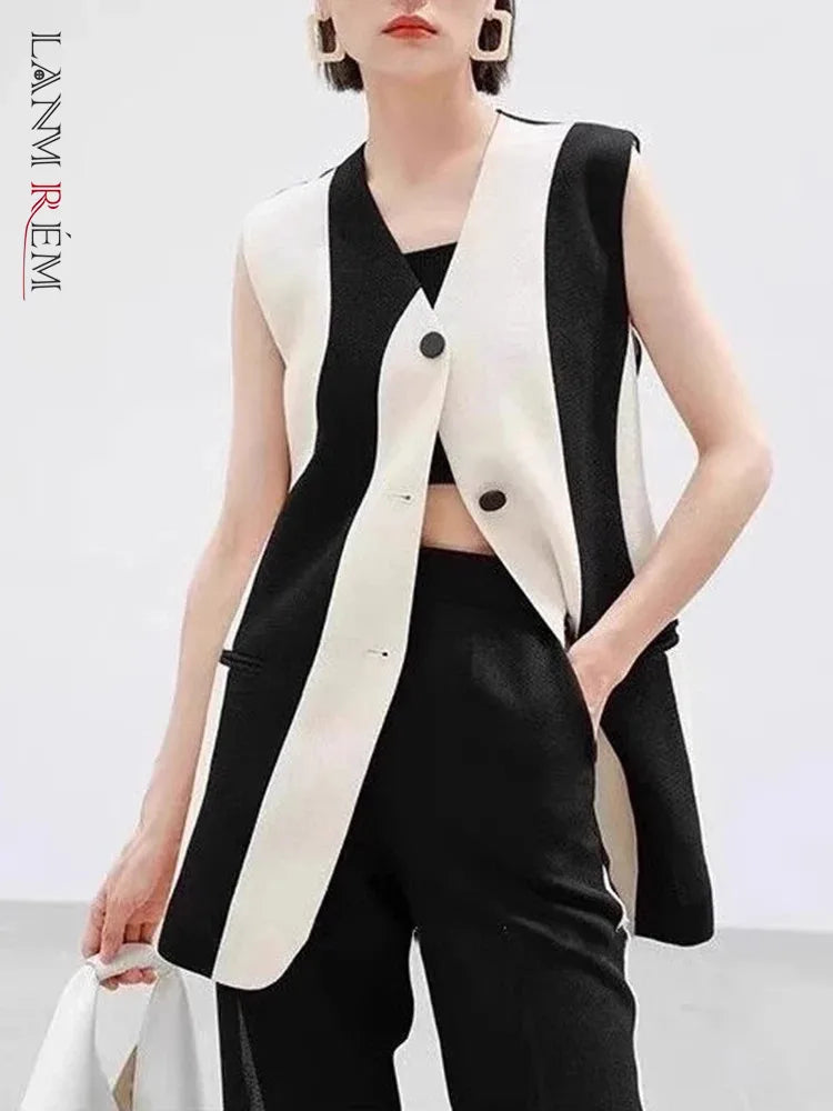 🍒Sleeveless waist coat top  v neck single breasted vest smart casual wear women versatile clothing female long vest jacket summer wear contrast colour fashion Jack-et Of All styles Master Of Fashion