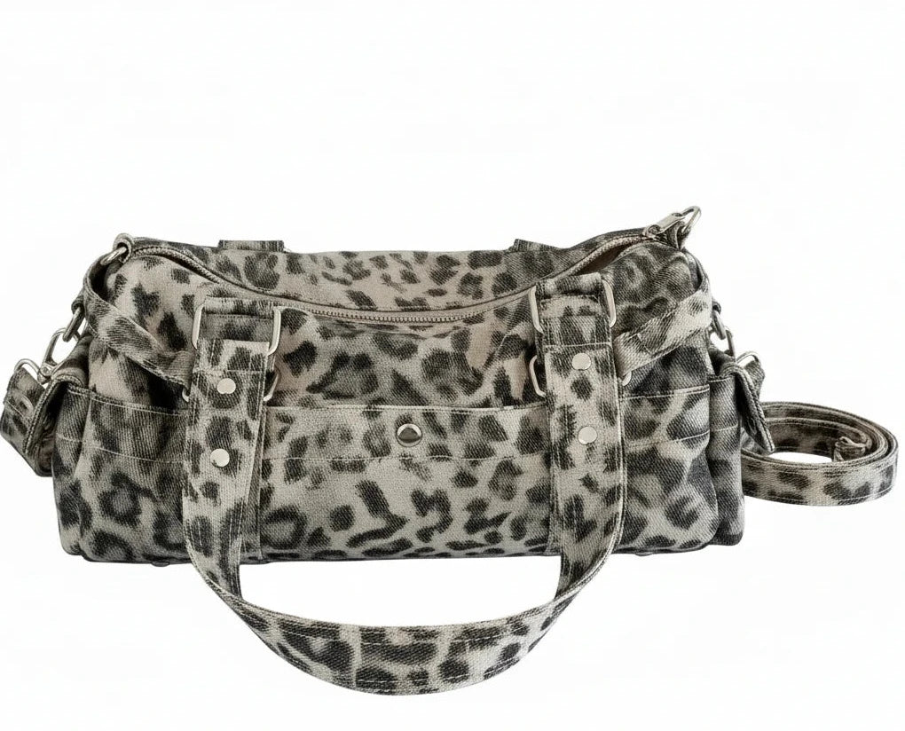 🍒Vintage leopard handbag rivet bag motorcycle barrel shaped crossbody bag boston casual female shoulder fashion totes  Jump On This Animal Its Barrels Of Fun