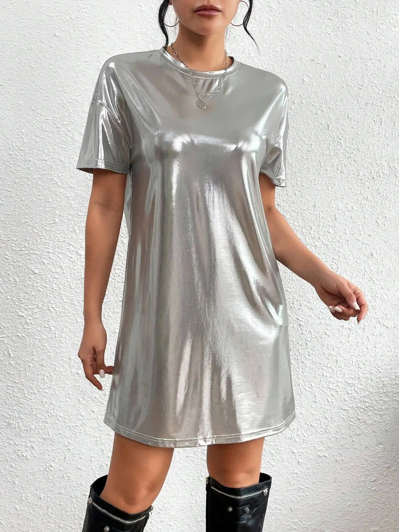 🍒Shiny t-shirt dress trendy o-neck outfit short-sleeved mini dress loose tee club wear party wear holiday wear beach party clothes Save Your Silvers keep Your Coppers