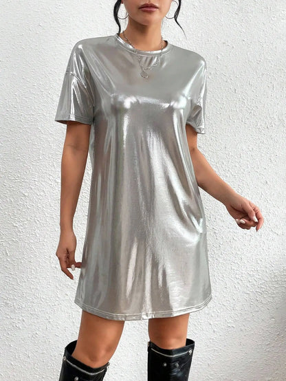 🍒Shiny t-shirt dress trendy o-neck outfit short-sleeved mini dress loose tee club wear party wear holiday wear beach party clothes Save Your Silvers keep Your Coppers