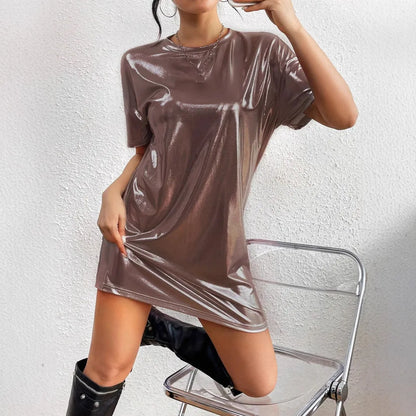 🍒Shiny t-shirt dress trendy o-neck outfit short-sleeved mini dress loose tee club wear party wear holiday wear beach party clothes Save Your Silvers keep Your Coppers