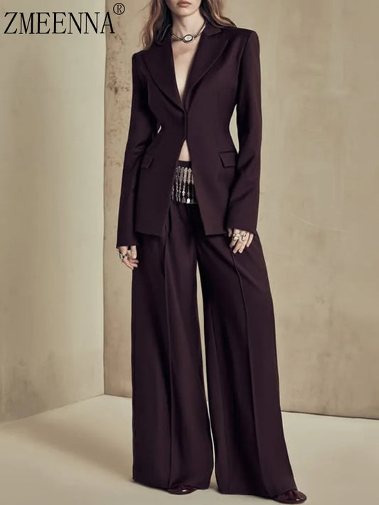 🍒Women's burgundy two-piece pant set classic blazer suit and wide leg trousers and jacket  outfit stylish fomal wear occasion clothing Get Red eye In Your Wine Red