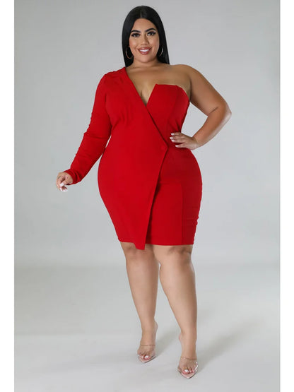 🍒One shoulder plus size dress wedding guest party outfit women v-neck single long sleeve solid suit dress mini occasion clothing Be Redy And Fresh In A Cool Dress