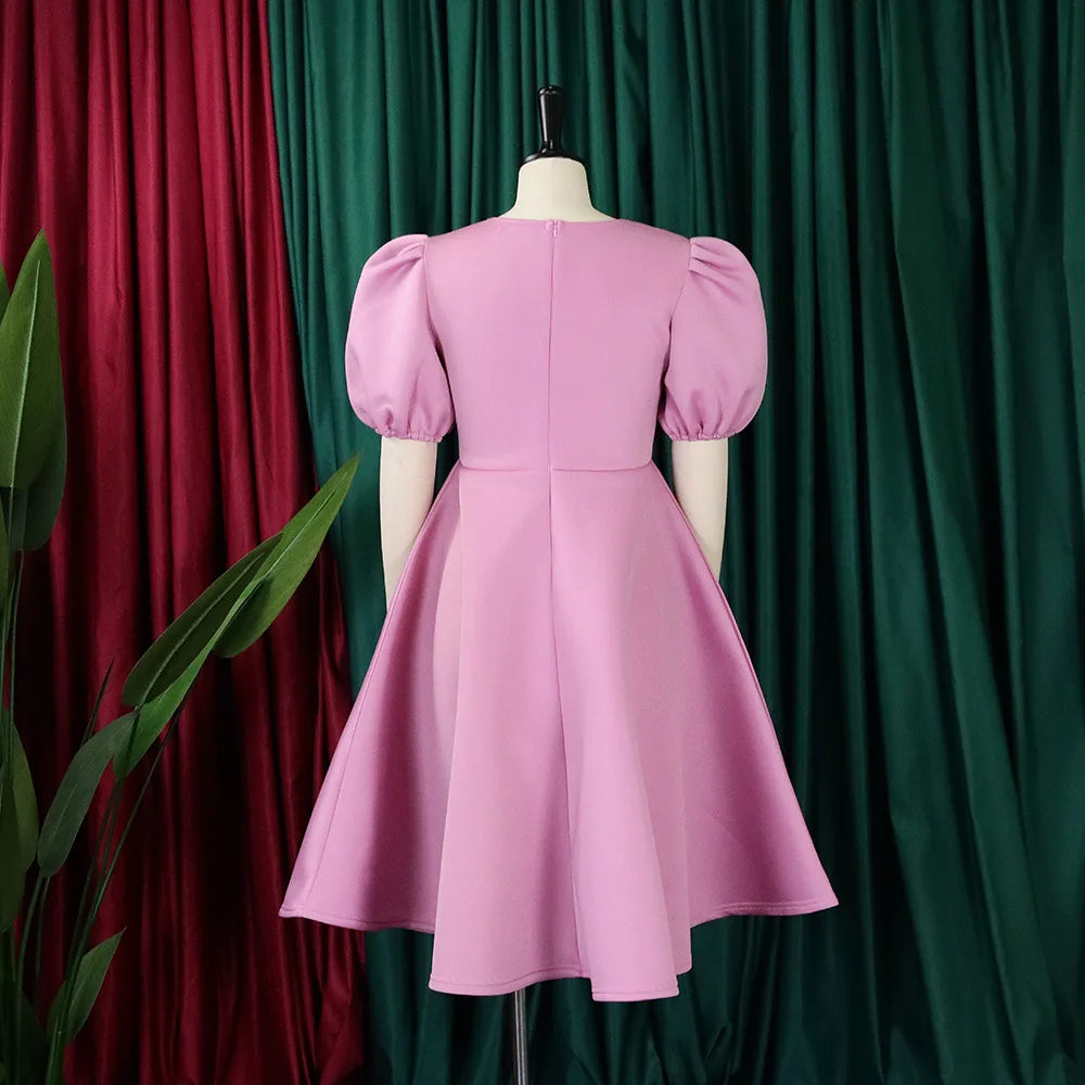 🍒Elegant dresses for woman o neck short sleeve outfit for birthday party high waisted pleated puff sleeves female fashion wear occasion wear evening party wear mid calf luxury B'day Bopper Beauty Babe