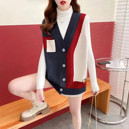 🍒Knitted v-neck vest colour  block waistcoat women sweater sleeveless cardigan pullover for women Flag Your Style