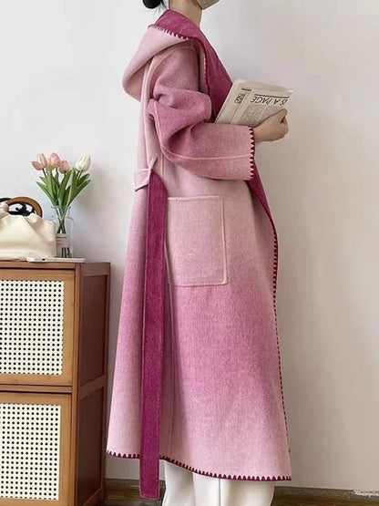 🍒Pink wool mix coat with hood and belt stylish winter overcoat colourful modern fashion coat smart casual outerwear women Look Candy In Floss Wool