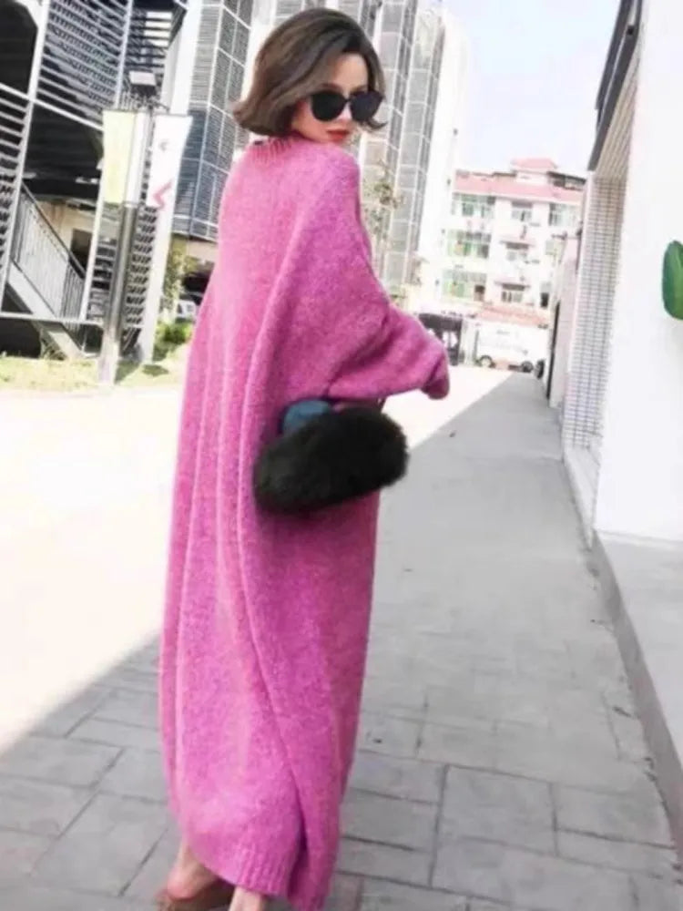 🍒 Round neck sweater dress winter woollen dresses plus size maxi outfit thick and loose oversize fashion clothing casual wear women No Sweat Sweater Dress