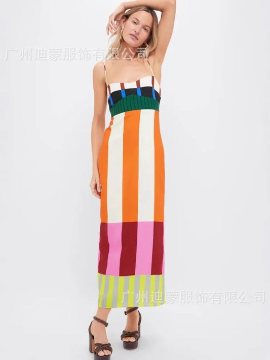 🍒 Colourful High waist maxi  striped dress fashion smart casual elegant party occasion wear long outfit women spaghetti strap bohemian summer fashion wear Their Will Be Double Takes With This Four Stripes