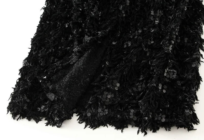 🍒A -line sequin skirt split long with feathers black vintage clothes for women occassion party wear fashion Shimmer Winner