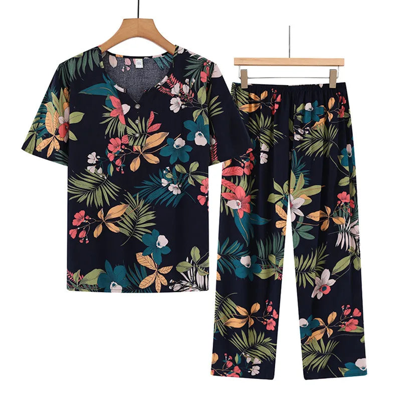 🍒Cotton rayon pajama set short sleeved top cropped and pants set two piece sleep wear for women lounge wear suit holiday clothing beach wear No Care Wear