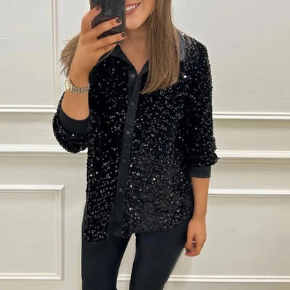 🍒Sparkly sequin blouse womens party shirt single breasted lapel long sleeve occasion wear top Glissy Gold