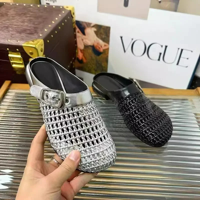 🍒Closed toe buckle sandals slide shoes womens elegant breathable  summer mesh mules rhinestone retro smart casual chic outdoor slippers