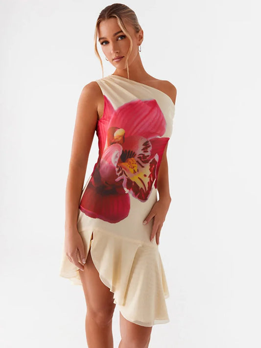 🍒Ruffled printed mini dress off shoulder design sleeveless outfit high waist occasion party wear holiday clothing Print Your Style Foral