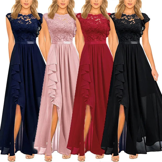 🍒Women's banquet dresses long lace bridesmaid wear evening wear lace maxi outfit dress satin sleeveless with split party occasion wear